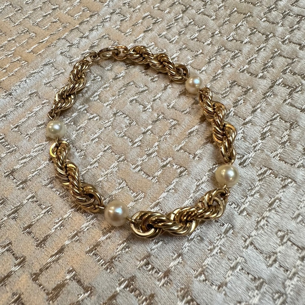 Winard Vintage 12‎ K Gold Filled Rope Chain Faux Pearl Beaded Bracelet Elegant
